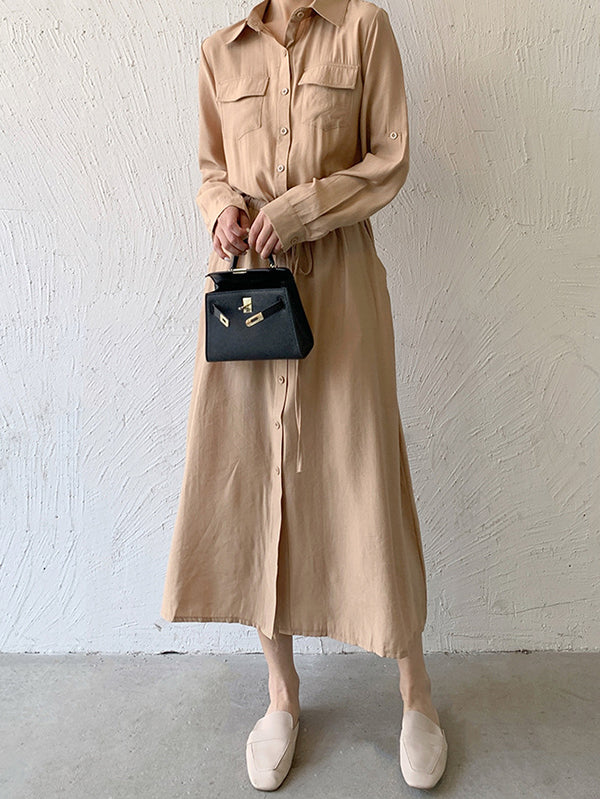 Casual A-Line Long Sleeves Bandage Solid Color Lapel Collar Shirt Midi Dresses