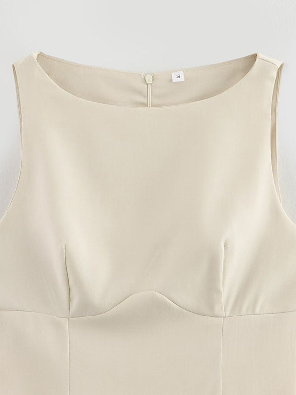 Pleated Solid Color Split-Joint Zipper A-Line Loose Round-Neck Mini Dresses