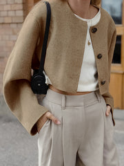 Buttoned Velvet Long Sleeves Loose Round-Neck Woolen Coat