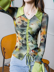 Drawstring Flower Print Pleated Flared Sleeves Long Sleeves Lapel Blouses&Shirts Tops