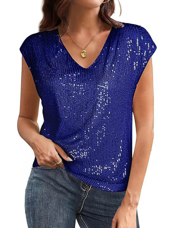 Sequined Solid Color Loose Raglan Sleeve V-Neck T-Shirts Tops