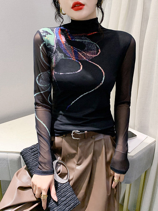 Printed See-Through Split-Joint Long Sleeves Plus Size High Neck T-Shirts