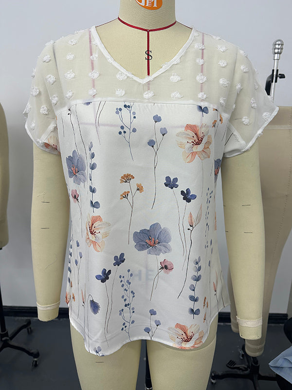 Flower Print Jacquard Split-Joint Loose Short Sleeves V-Neck T-Shirts Tops