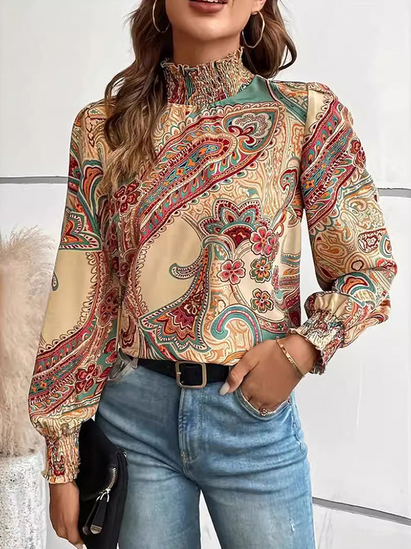 Buttoned Elasticity Flower Print Hollow Split-Joint Long Sleeves Loose Mock Neck Blouses&shirts Tops