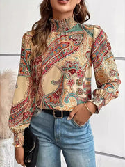 Buttoned Elasticity Flower Print Hollow Split-Joint Long Sleeves Loose Mock Neck Blouses&shirts Tops