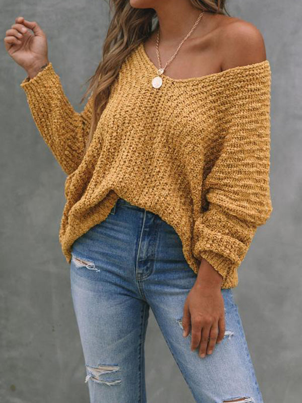 Solid Color Long Sleeves Loose V-Neck Sweater Tops Pullovers Knitwear