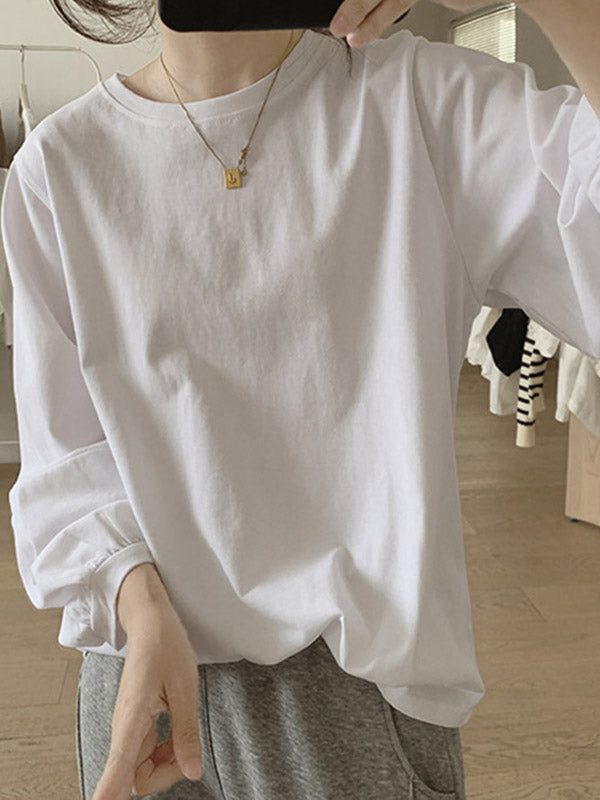 Pleated Solid Color Long Sleeves Loose Round-Neck T-Shirts Tops