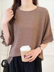 Hollow Solid Color Flared Sleeves Half Sleeves Round-Neck T-Shirts Tops