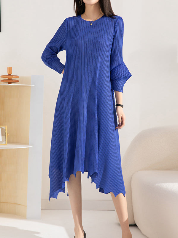 Pleated Solid Color Irregular clipping Loose Round-neck Midi Dresses