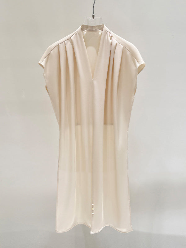 Knot Pleated Solid Color Split-Joint Loose Raglan Sleeve V-neck Blouses&shirts Tops