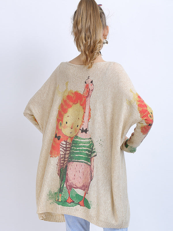 Urban Loose Batwing Sleeves Cartoon Printed Pullover