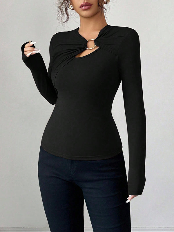 Solid Color Split-Joint Long Sleeves Skinny Asymmetric Collar T-Shirts