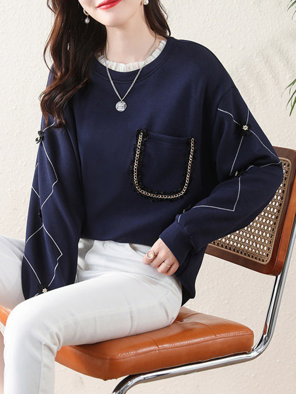 Chains Pockets Ruffled Split-Joint Three-Dimensional Flower Long Sleeves Loose Round-Neck T-Shirts Tops