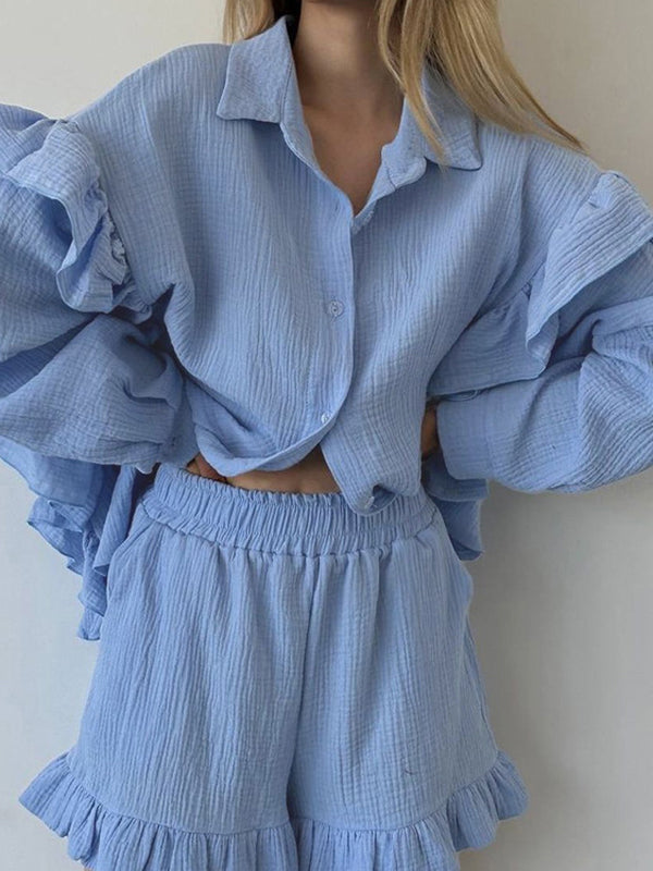 Split-Joint Lapel Long Sleeves Loose Buttoned Ruffle Trim Solid Color Blouses Tops + Elasticity Shorts Bottom Two Pieces Set
