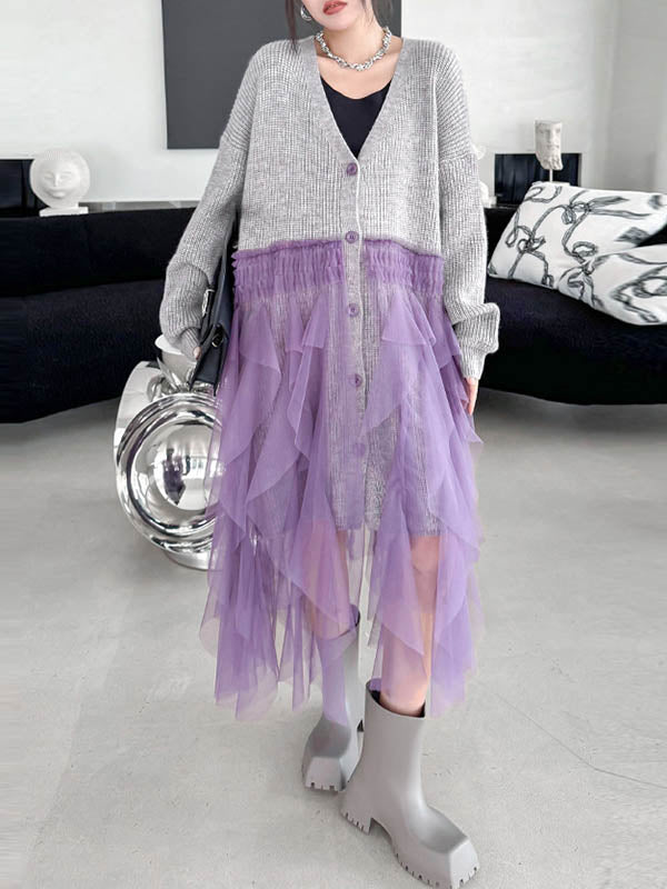 Buttoned Contrast Color Mesh Pleated Ribs Split-Joint High-Low Irregularity Collarless Outerwear Cardigan Tops