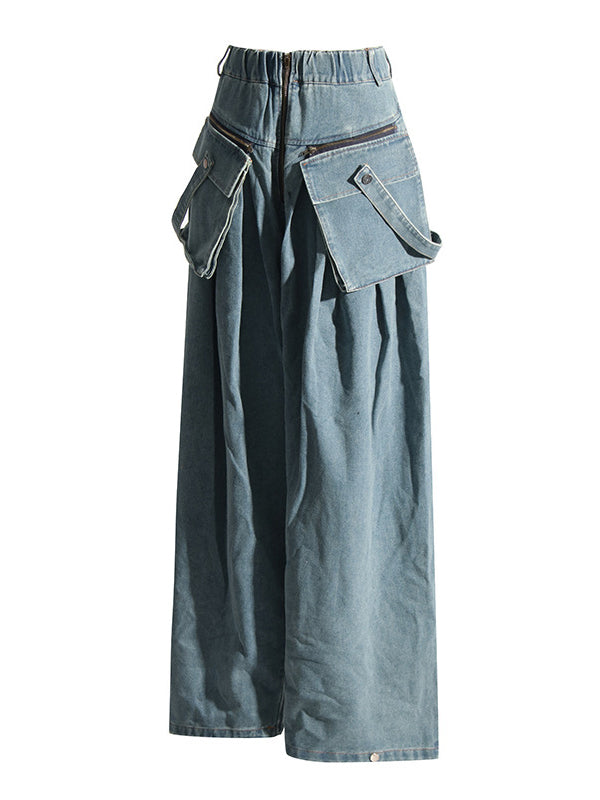 Pleated Pockets Split-Joint Zipper Loose Wide Leg Jean Pants Bottoms