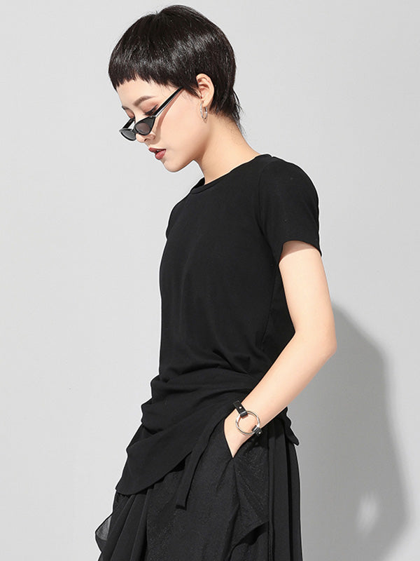 Black Asymmetric Pleats Short Sleeve Round-Neck T-Shirts