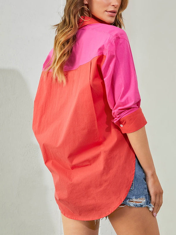 Buttoned Contrast Color Loose Wrap Lapel Blouses&Shirts Tops