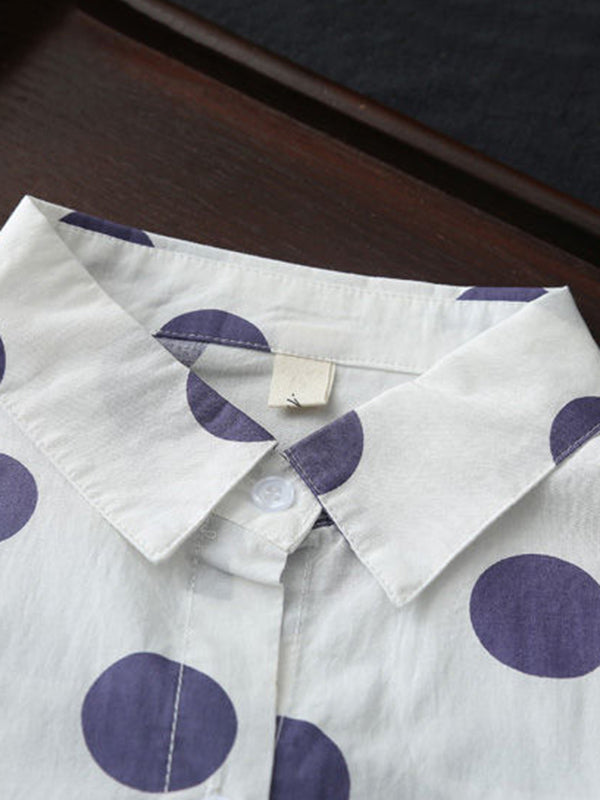Polka-Dot High-Low Long Sleeves Lapel Shirts Tops