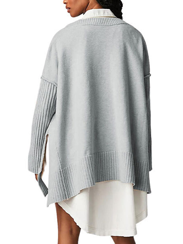 Solid Color Split-Joint Split-Side Long Sleeves Loose V-Neck Sweater Tops Pullovers