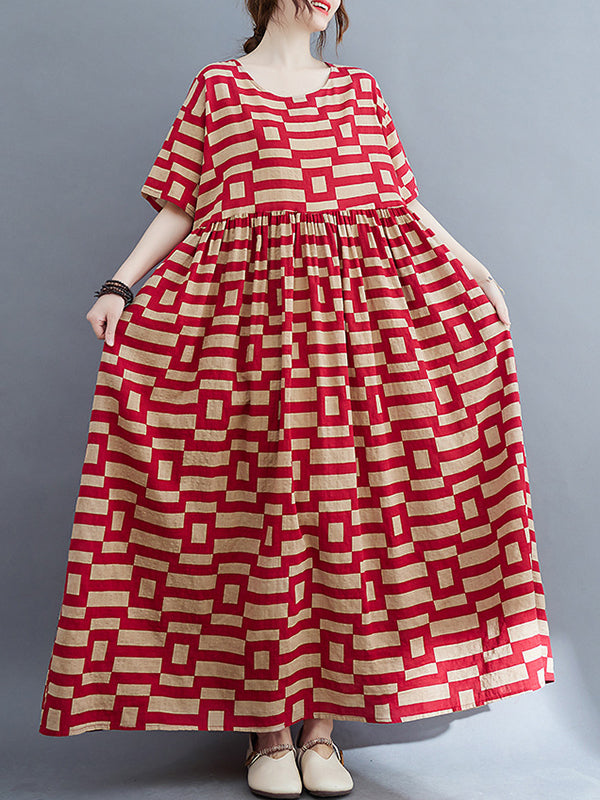 Plaid Loose Short Sleeves Round-Neck Midi Dresses