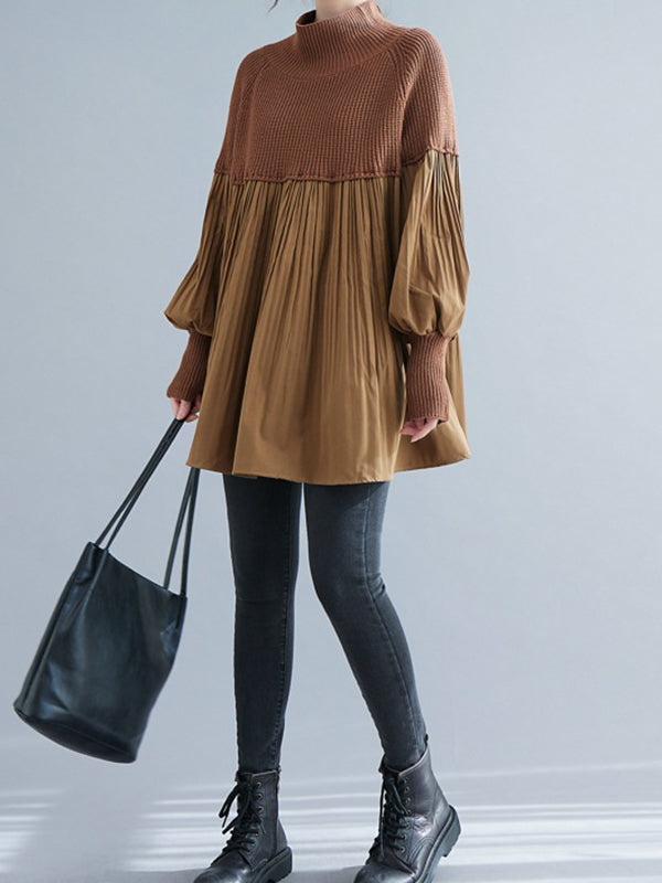 Pleated Split-Joint Long Sleeves Loose High Neck Sweater Tops