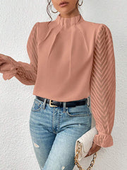 Elasticity Mesh Pleated Solid Color Long Sleeves Loose Mock Neck Blouses&Shirts Tops