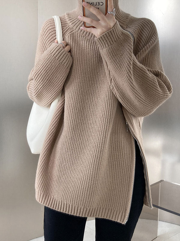 Urban Loose Long Sleeves Split-Side Solid Color Zipper Halter-Neck Sweater Tops