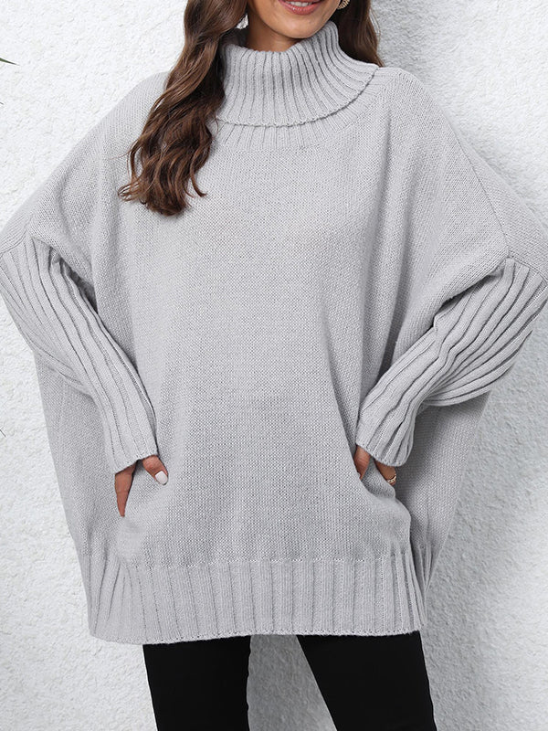 Pleated Solid Color Split-Joint Long Sleeves Loose High Neck Sweater Tops