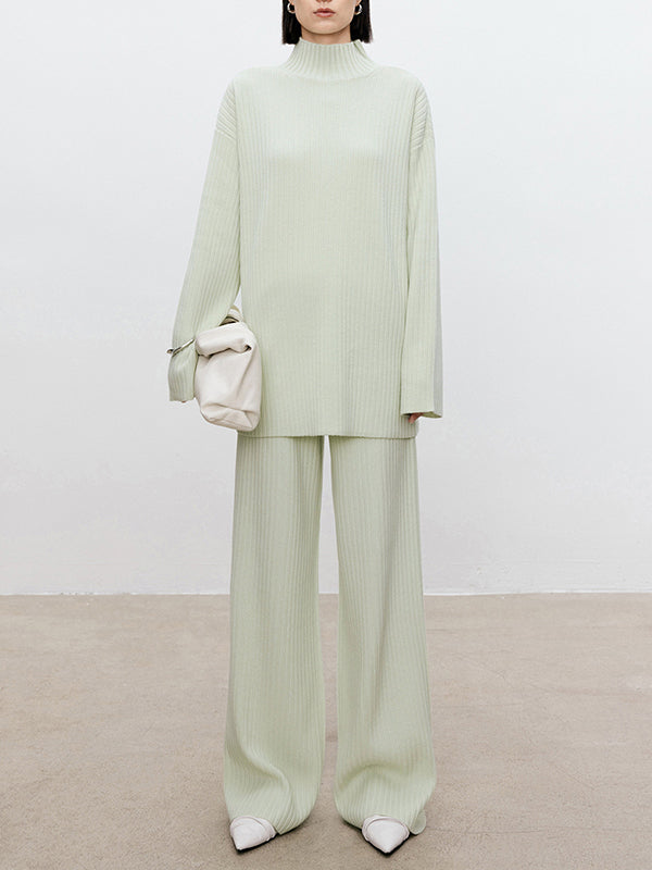 Solid Color Long Sleeves High-Neck Sweater Top + Wide Leg Pants Bottom Two Pieces Set