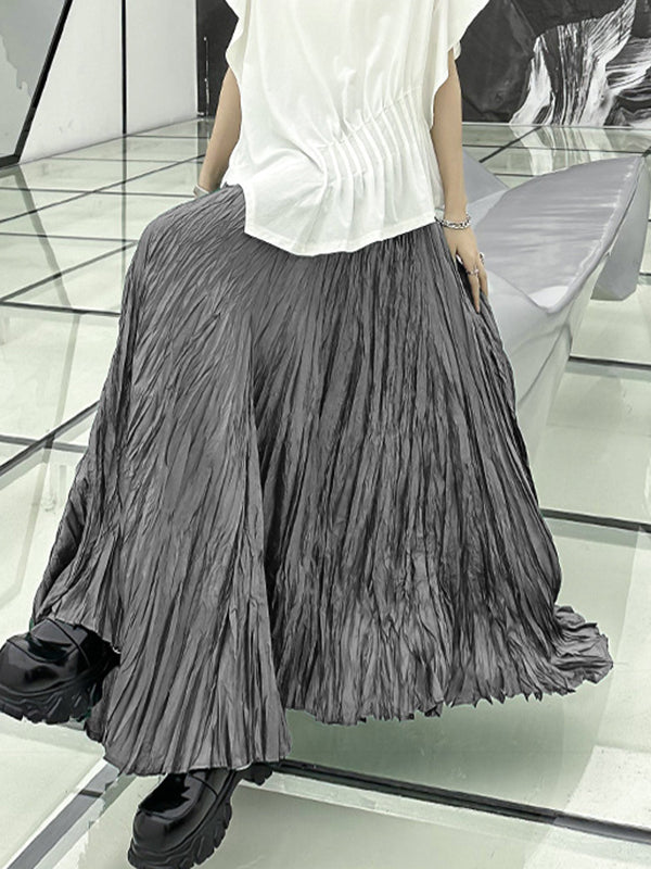 High-Waisted Pleated Solid Color A-Line Irregular Clipping Skirts