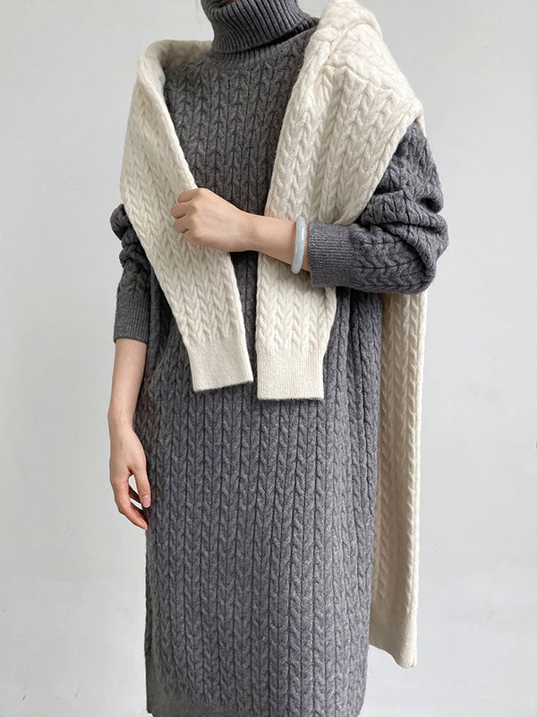 Stylish Loose Long Sleeves Solid Color High-Neck Twist Sweater Dresses