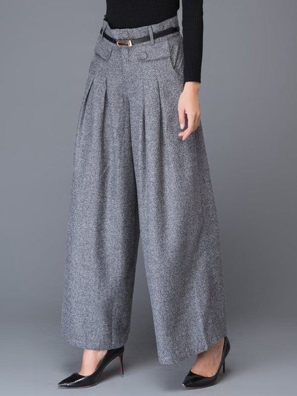 Buttoned No Belt Pleated Pockets Solid Color Split-Joint Loose Wide Leg Trousers Pants