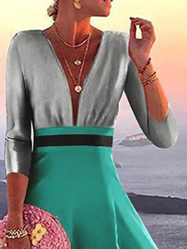 Pleated Split-Joint Loose Three-quarter Sleeves Deep V-Neck Maxi Dresses