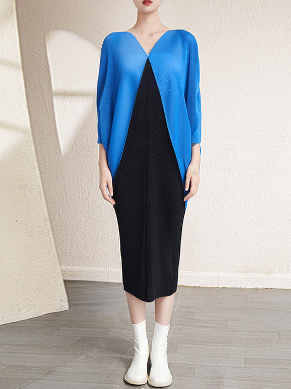 Urban Batwing Sleeves Contrast Color Pleated V-Neck Midi Dresses