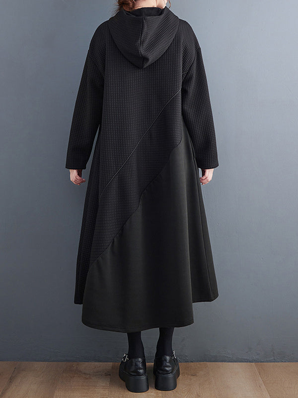 Casual Loose Long Sleeves Solid Color Hooded Midi Dresses