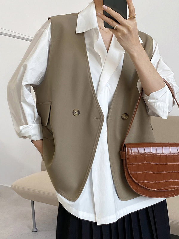 Pockets Split-Joint Loose Sleeveless V-Neck Vest Top