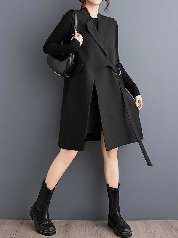 Asymmetric Solid Color Split-Joint Loose Sleeveless Notched Collar Vest Outerwear