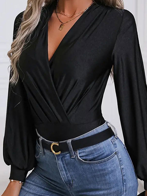 Hollow Pleated Solid Color Split-Joint High Waisted Long Sleeves V-Neck Bodysuits