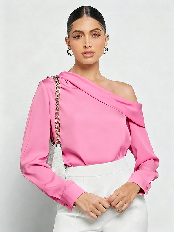 Pleated Solid Color Split-Joint Long Sleeves Skinny One-Shoulder Blouses&Shirts Tops