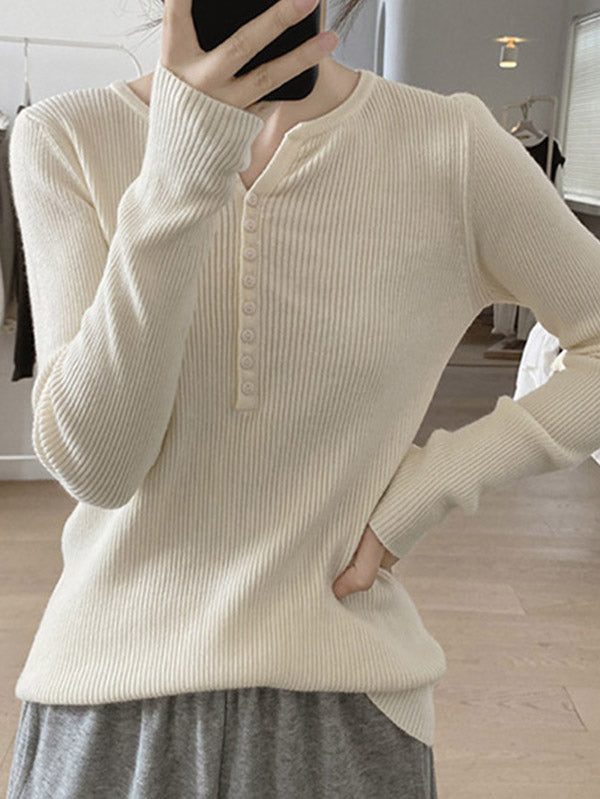 Buttoned Solid Color Long Sleeves Round-Neck Sweater Tops Pullovers