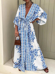 Buttoned Drawstring Flower Print Pleated Tied Waist Long Sleeves Loose V-Neck Maxi Dresses
