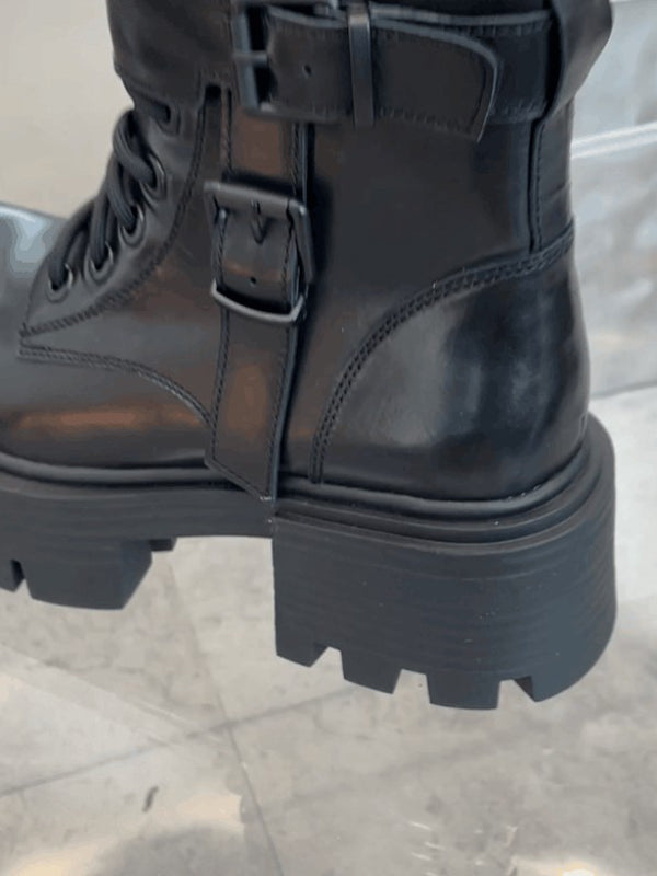Buckle Lace-Up Round-Toe Solid Color Split-Joint Dr. Martens Boots Boots
