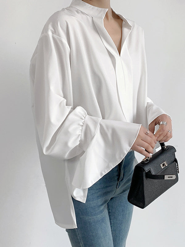 Solid Color Flared Sleeves High-low V-neck Blouses&shirts Tops