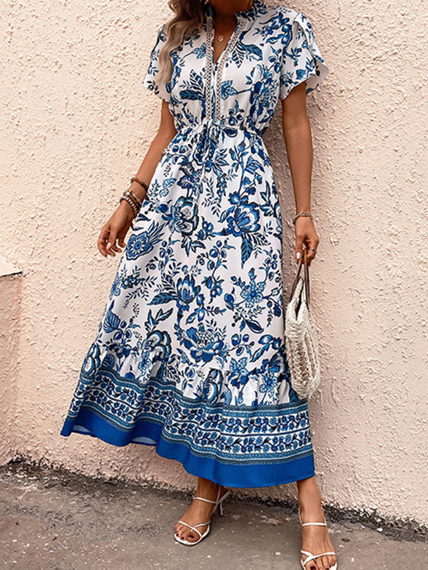 Floral Printed Pleated Split-Joint Tied Waist Loose Short Sleeves V-Neck Shirt Dress Midi Dresses