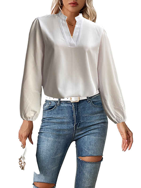 Elasticity Solid Color Long Sleeves Loose Stand Collar Blouses&Shirts Tops