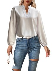 Elasticity Solid Color Long Sleeves Loose Stand Collar Blouses&Shirts Tops