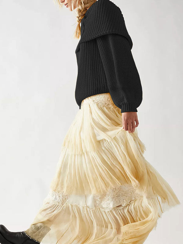 Solid Color Split-Joint Long Sleeves Loose Round-Neck Sweater Tops