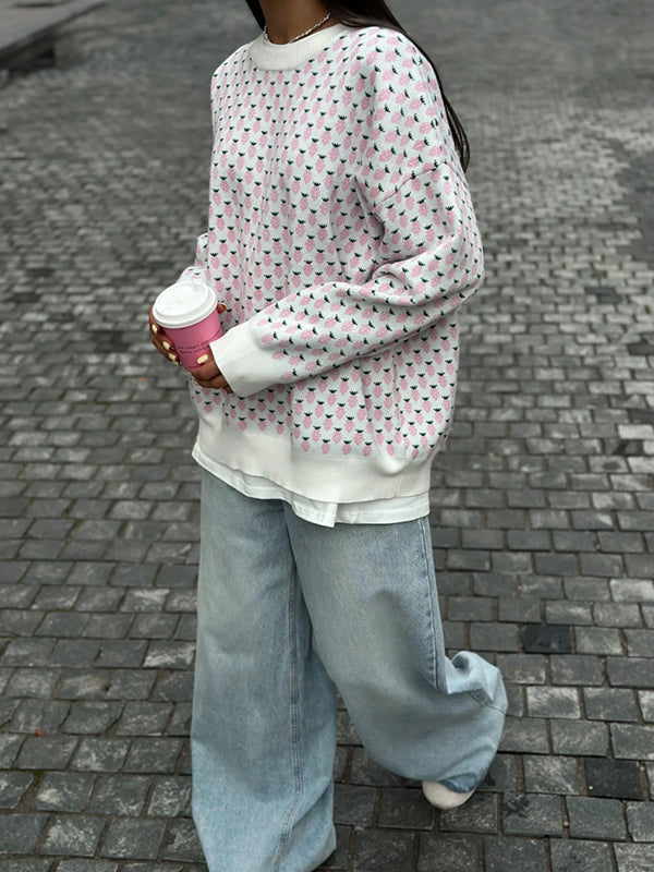 Pleated Split-Joint Long Sleeves Loose Round-Neck Sweater Tops