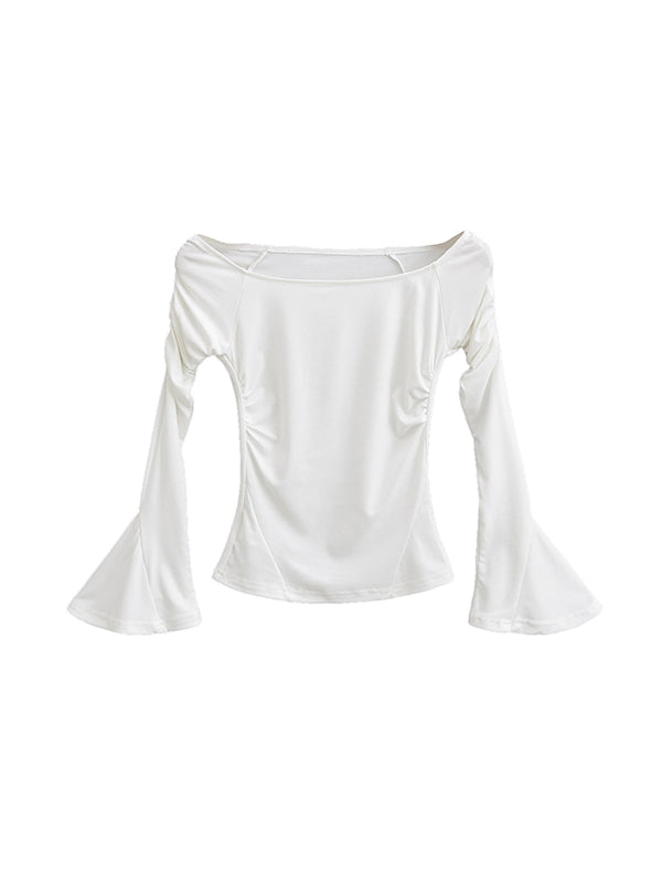 Pleated Solid Color Flared Sleeves Long Sleeves Boat Neck T-Shirts Tops